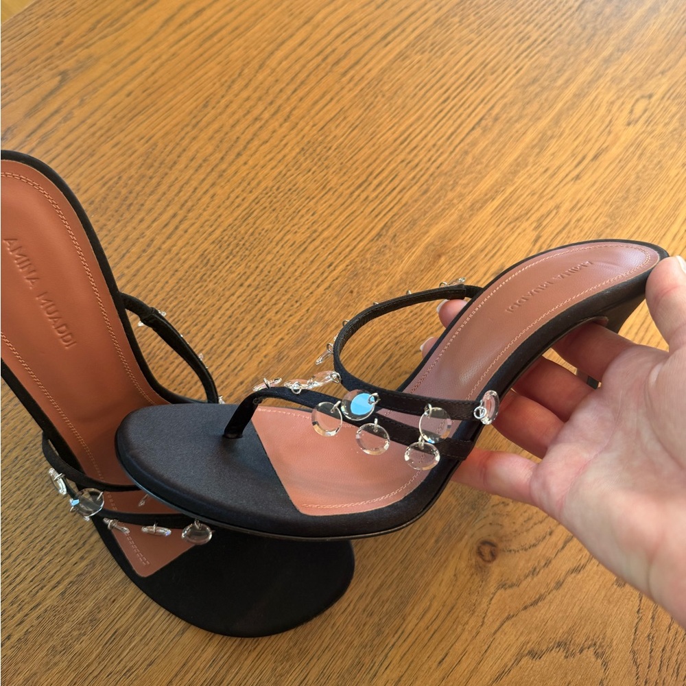 $1055 Amina Muaddi Women's Black Tina Crystal Slide Sandal Shoes Size 39 - Picture 8 of 8